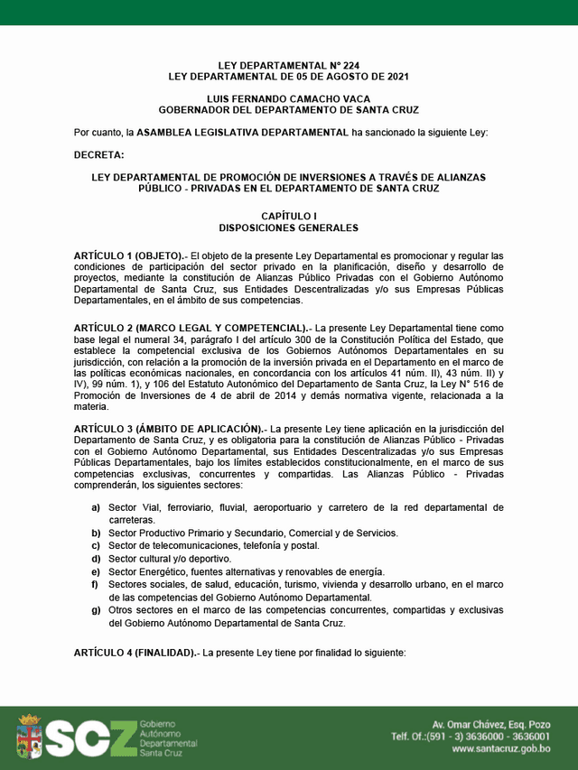 Ley Departamental Nº 224 de Promoción de inversiones a traves de Alianzas Público-Privadas en el departamento de Santa Cruz